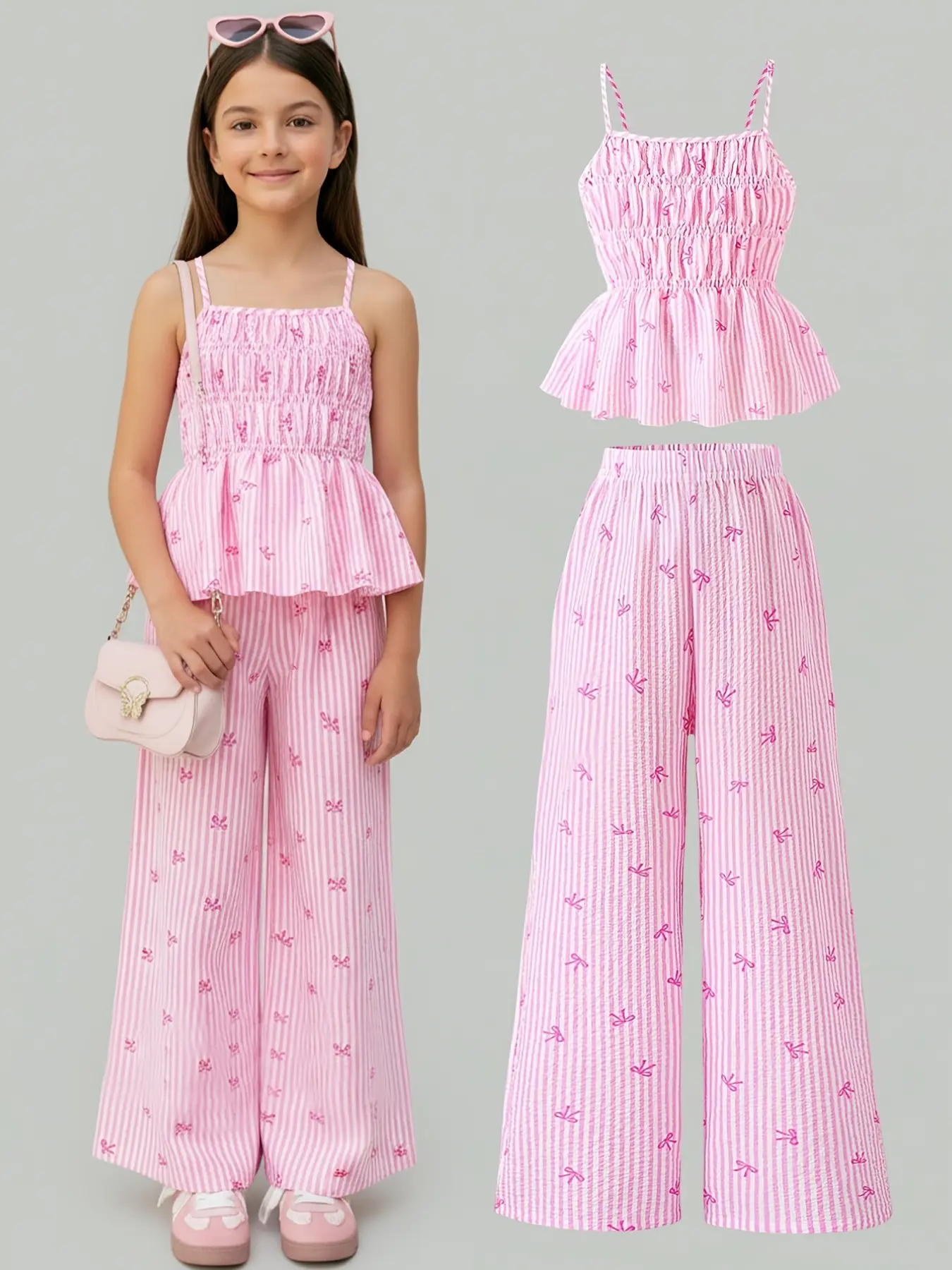 Girls' Striped Bow Top and Straight Leg Pants Set, Sleeveless Set, Spring Summer Holiday, Outdoor Wear, Casual Long Pants Set for Girls Aged 3+, Set Outfit, Striped Print Set, Summer Clothes Set, Summer Clothing Set