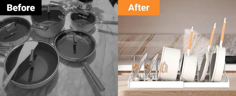 [Spring & Easter] Expandable Pot and Pan Organizer Rack - 7 Stainless Steel Adjustable Dividers for Kitchen Cabinet Organizer & Storage White Durable Metal Accessible