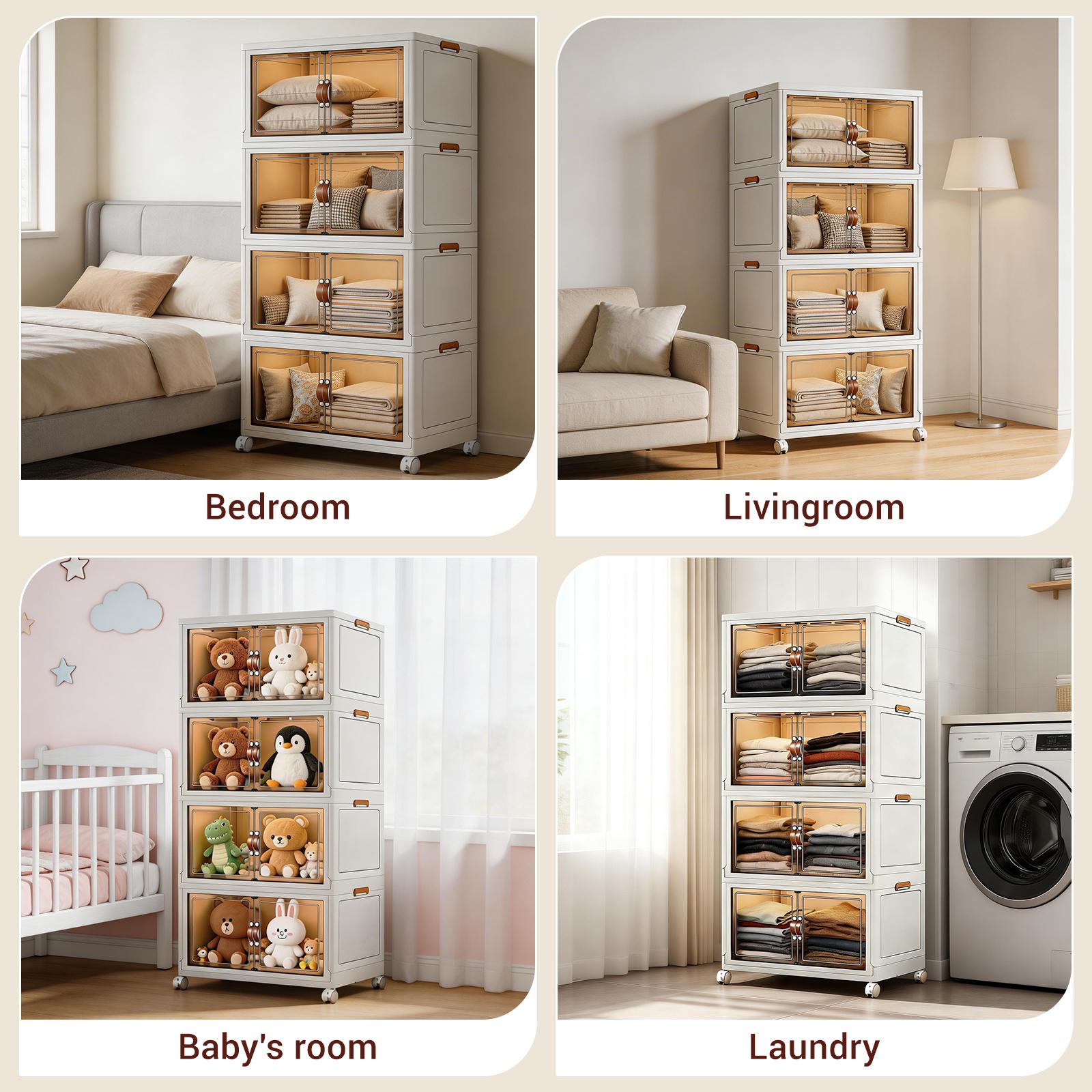 Extra Large 4 Tier 320QT Storage Bins Collapsible Stackable Door Lid Perfect Blankets Pillows Closets Living Rooms Black