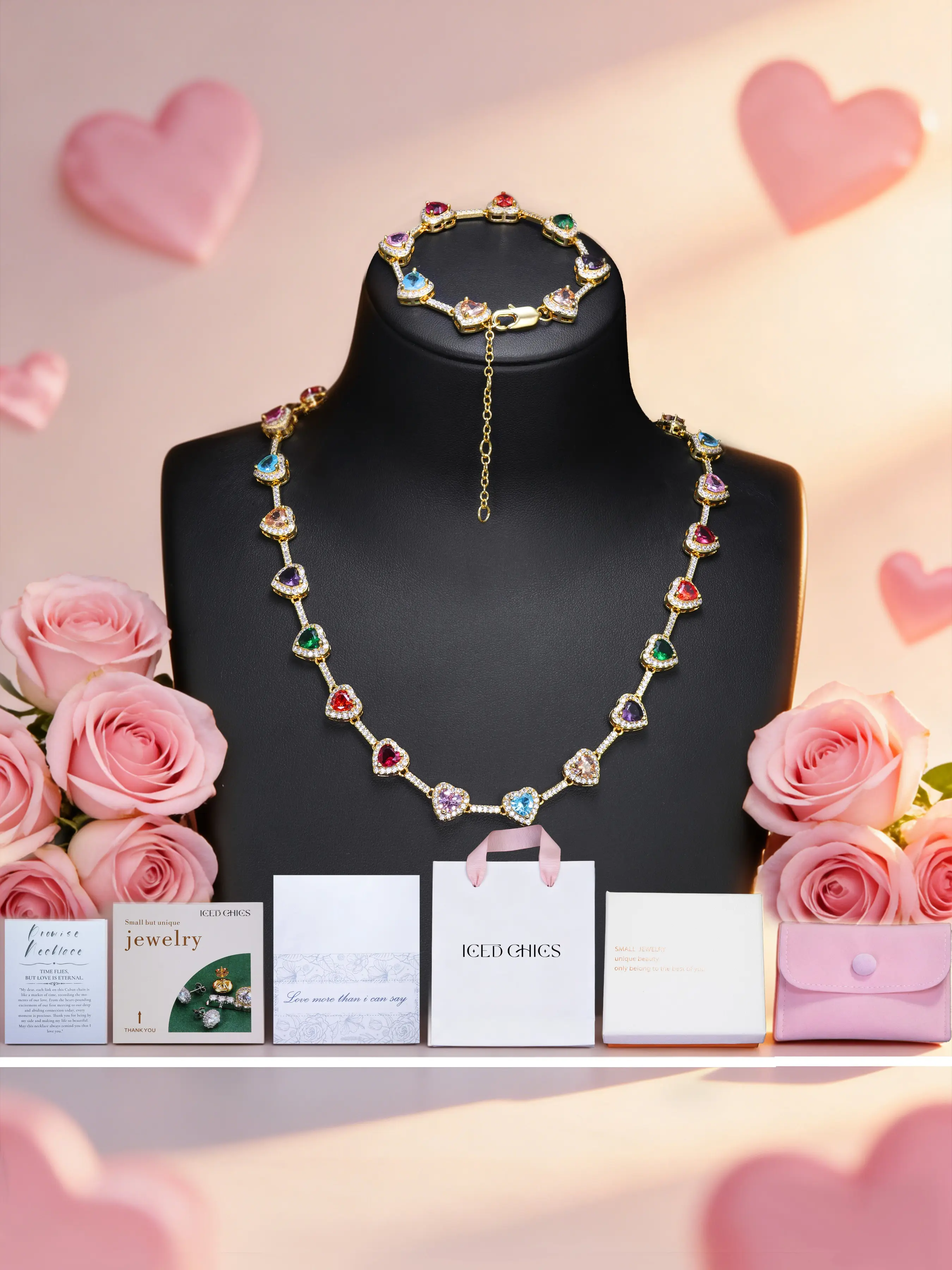 Mother's Day Gift ICED CHICS 2PCS Jewelry Jewellery Set 10MM Colorful heart-shaped necklace and bracelet set, gift box set, the best choice for Valentine's Day, dates and Mother's Day, enhancing your