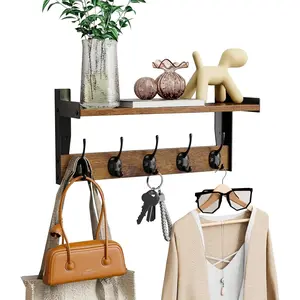 Wall Hooks with Shelf, Wood Coat Rack with Shelf Wall-Mounted, Entryway Hanging Shelves with 5 Metal Hooks for Clothes Hats Towel Purse Robes, Bathroom Mudroom Bedroom, Rustic Brown
