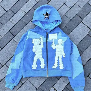 -=American High Street Trend Jacket Men Creative Embroidered Zipper Hoodie Harajuku Fashion Retro Oversized Sweatshirt Women Tops Blue Casual Long Sleeve Aesthetics Menswear Pullover