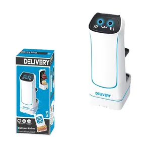 Remote-controlled delivery robot with sound effects and lighting system, featuring omnidirectional movement and built-in shelves. Holds 350ml canned drinks on dual-tier shelves. Suitable for adults and children. Ideal Christmas gift for kids.