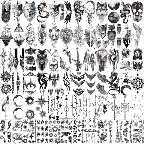 72 Sheets Tiny Temporary Tattoos Stickers, Halloween Tattoos Include Black Scary Wolf Lion Tiger Skeleton Skull Last Long Waterproof Tattoos