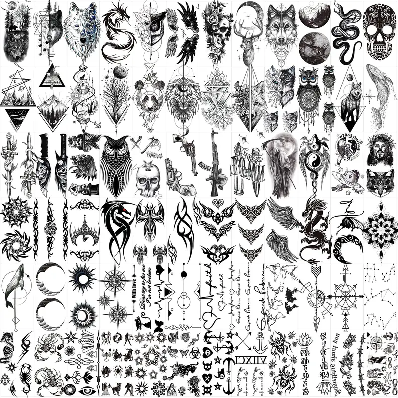 72 Sheets Tiny Temporary Tattoos Stickers, Halloween Tattoos Include Black Scary Wolf Lion Tiger Skeleton Skull Last Long Waterproof Tattoos