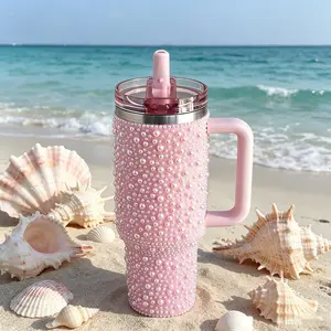 Pearls Bling 40 oz Tumbler with Handle and Straw | Rhinestones 100% Leakproof Stainless Steel Insulated Tumbler with Lid and Straw | Cup Holder Friendly Base