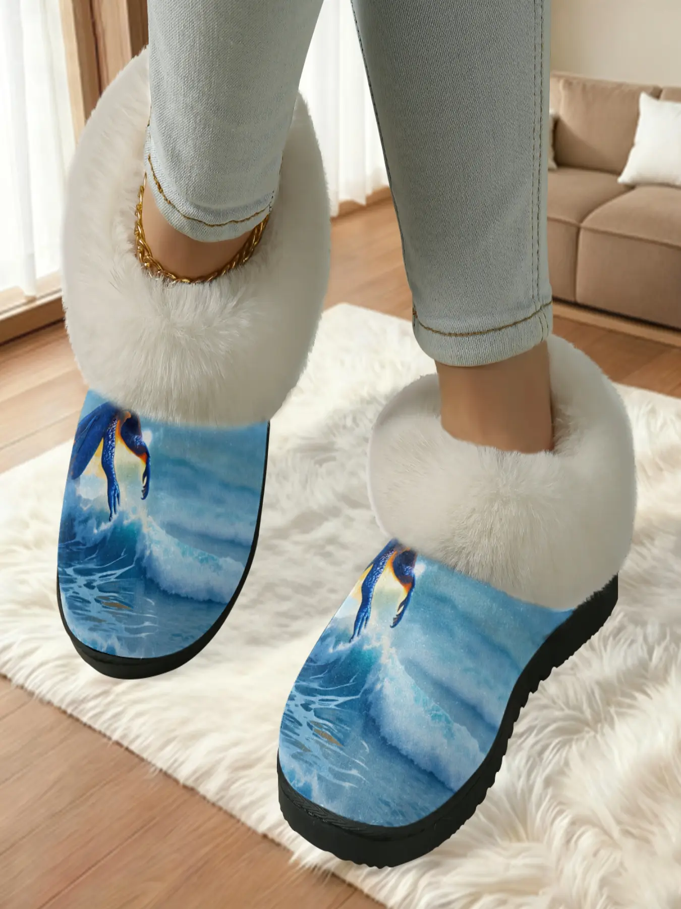 Ocean Dragon Plush Slippers, Fantasy Adventure Style, Warm Fleece Lining, Anti-Slip Sole, Winter Home Wear Essential