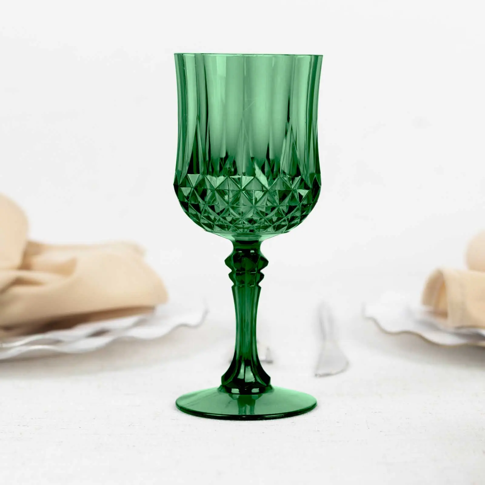 Hunter Emerald Green 6-Pack 8oz Transparent Plastic Crystal Cut Shatterproof Wine Glasses - Glassware Drinkware for Parties, Birthday, Dining, Wedding, 8 Oz Cup, Adults