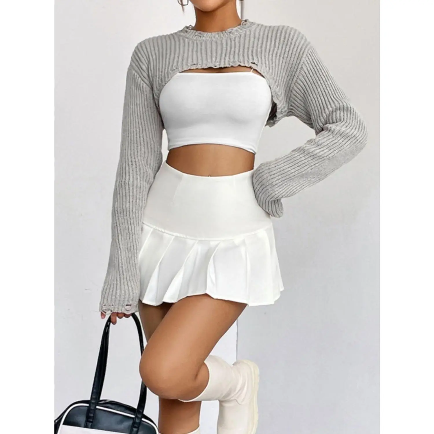 Distressed Long Sleeve Cropped Sweater