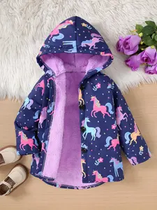 Girl's Unicorn Print Hooded Jacket, Casual Long Sleeve Zip Up Outerwear for Fall & Winter, Kids Clothes for Daily Wear