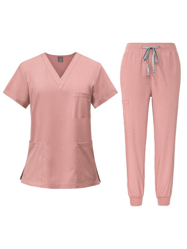 Women's Handwashing Suit Set, Uniforms, V Neck Quick-Dry Breathable Top, Slight Stretch Straight Leg Pants, Multi-Pocket Design, Hospital Clinic Home Wear