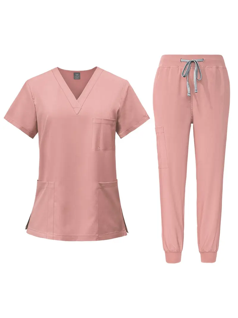 Women's Handwashing Suit Set, Uniforms, V Neck Quick-Dry Breathable Top, Slight Stretch Straight Leg Pants, Multi-Pocket Design, Hospital Clinic Home Wear