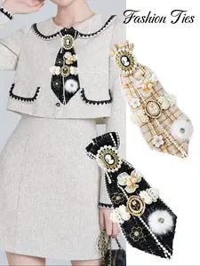 Handmade Plaid Flower Small Fur Ball Pearl Tie Beaded Polyester Women's Fashion Tie for Business Parties Formal Occasions Casual Elegant Tie