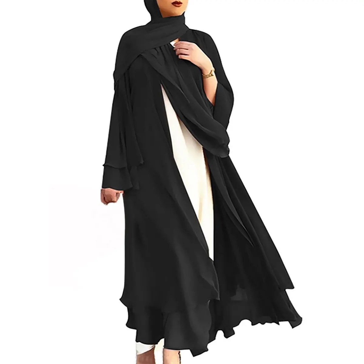 jsaierl Womens Muslim Open Front Chiffon Maxi Cardigan Abaya Robe Kaftan Loose Dress Head Wrap