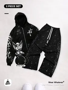 Streetwear Dark Angel Glitter Stars ｜2-Piece Set｜ Loose-Fit Zip-Up Hoodie + Casual Long Pants, Trendy Street Style