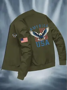 Men's American Flag & Eagle Print Baseball Jacket, Casual Zipper, Ribbed Cuffs, Polyester, Winter Wear
