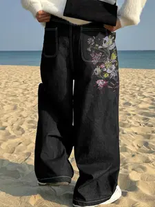 Women's Floral Embroidered Vintage Wide Leg Jeans, Casual Loose Fit Denim Jeans, Fashion Trendy Style for Spring & Fall Seasons