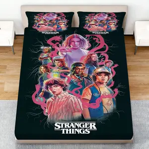 3pcs Stranger Things Characters Vibrant Theme Bed Sheet Set, Base with Neon, Includes 1 Fitted Sheet and 2 Pillowcases, Soft Washable Fabric for Bedroom Decor or Gifts