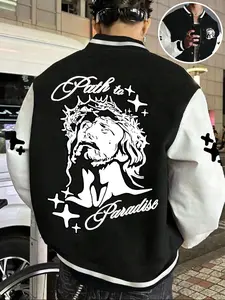 Men's Casual Fashion Baseball Collar Jacket, Casual Fitted Jacket, Streetwear Outerwear, American Style, Trendy Graphic Design, Letter Print, Fall & Winter Wear