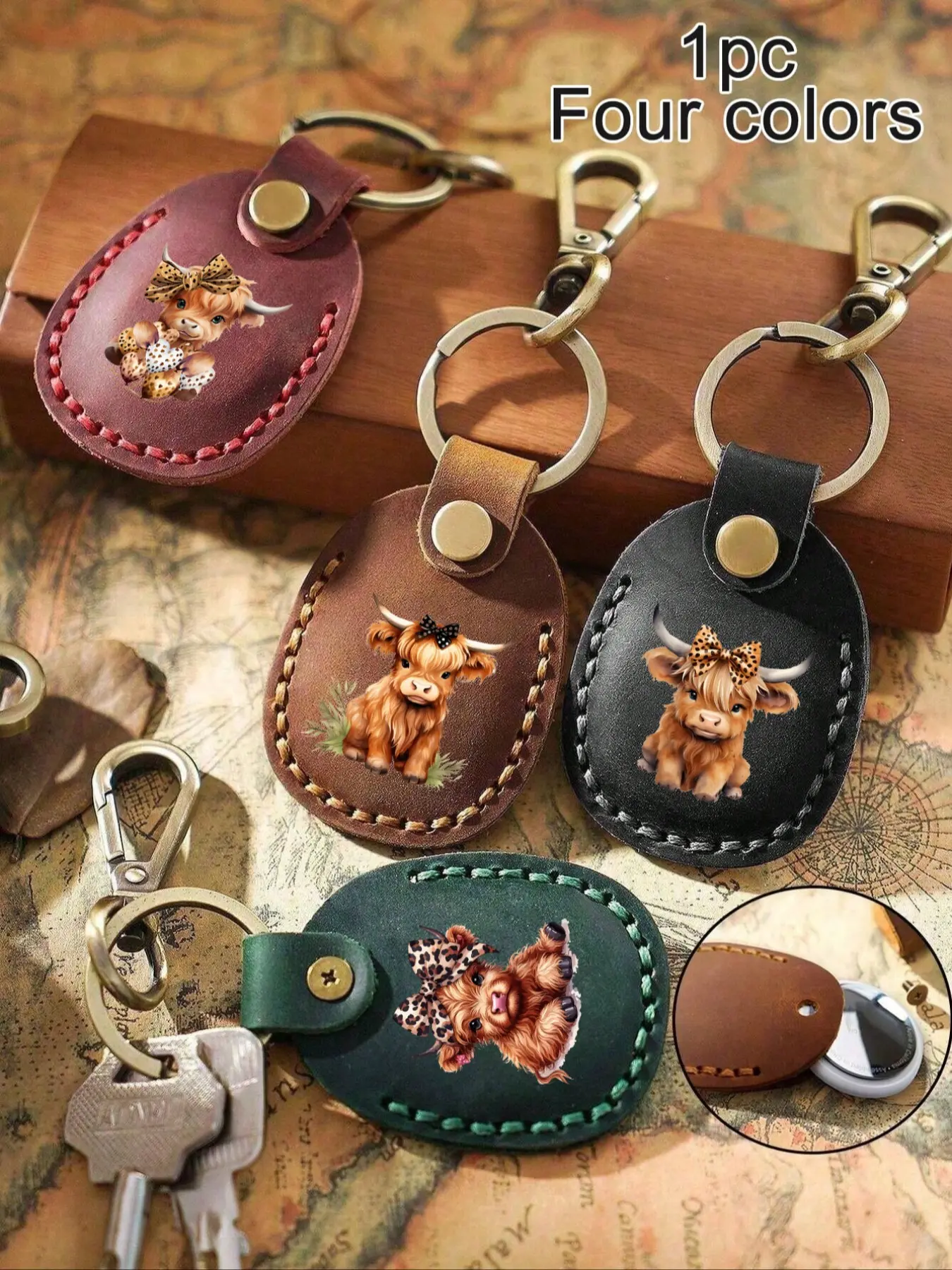 Leather Keychain With Highland Cow Pattern, Animals Keychain Decor, Portable Key Ring, Keychain For Bags, Keychain For Purse, Protective Case, Compatible With 2021 Airtags, PU Leather, Compact