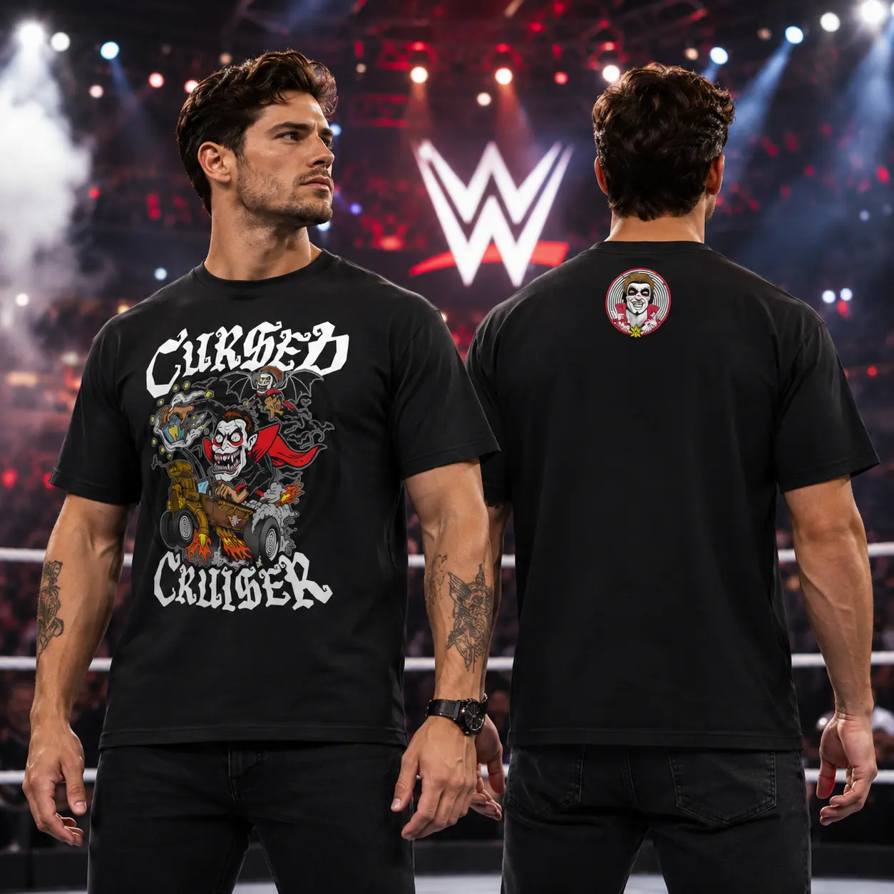 Men's Black Danhausen Cursed Cruiser T-Shirt, Wrestling Graphic Tee, Retro Horror-Inspired Fan Shirt, Unisex Black Wrestling Apparel, Limited Edition Collectible Gift