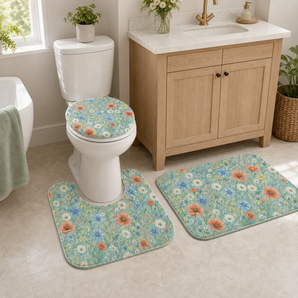 3-Piece Flannel Wildflower Bathroom Rug Set - Floral Print, Mint Green Coordinated Design, Soft Polyester Bath Mat, U-Shaped Rug, Toilet Lid Cover, Absorbent Anti-Slip Tread Bath Mats, Machine Washable, Customizable (1 Set)