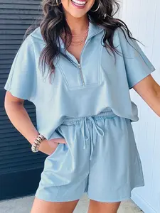 Summer Casual Solid Color Half-Zip Loose Fit Short Sleeve Sweatshirt Two-Piece Set, Comfortable Daily Wear, Stylish and Breathable, Womenswear