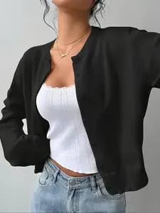 Women's Fashion Knit Cardigan Sweater Jacket, Long Sleeve Fitted Plain Button Design, All-Season Casual Outerwear for Daily Wear