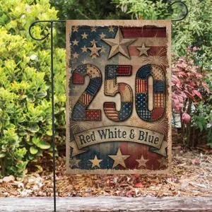 Faux Patchwork Red White and Blue Patriotic Garden Flag, 1776-2026 USA America 250 Decor, Print Only