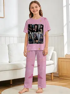 Pink Butterfly KATSEYE Girls' 2-Piece Digital Print Short-Sleeve Pajamas with Long Pants, made of flame-retardant fabric. This stylish, trendy, casual, comfortable and soft pajama set is suitable for sleeping and home leisure. Made of 100% polyester, it i