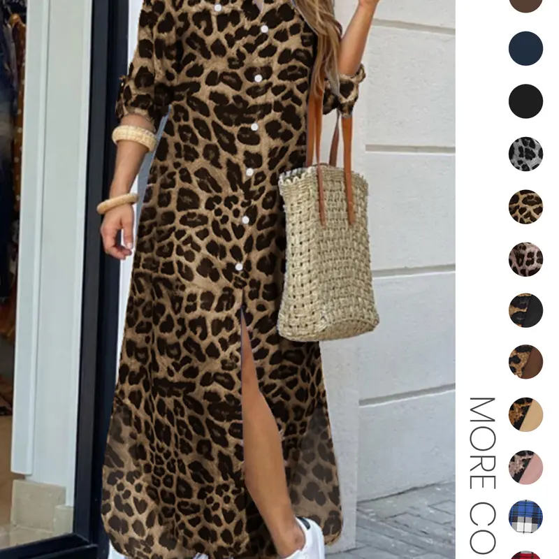 Women's Leopard Print Button Front Flap Pocket Shirt Dress, Long Sleeve Collared Loose Casual Curved Hem Dress, All-Season Ladies Daily Wear, Casual Elegant Dress, Womenswear