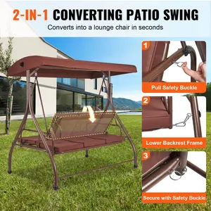 【fathersdaygift】VEVOR 3-Seat Patio Swing Chair, Converting Canopy Swing, Outdoor Patio Porch with Adjustable Canopy, Removable Thick Cushion and Alloy Steel Frame, for Balcony, Backyard, Poolside, Brown