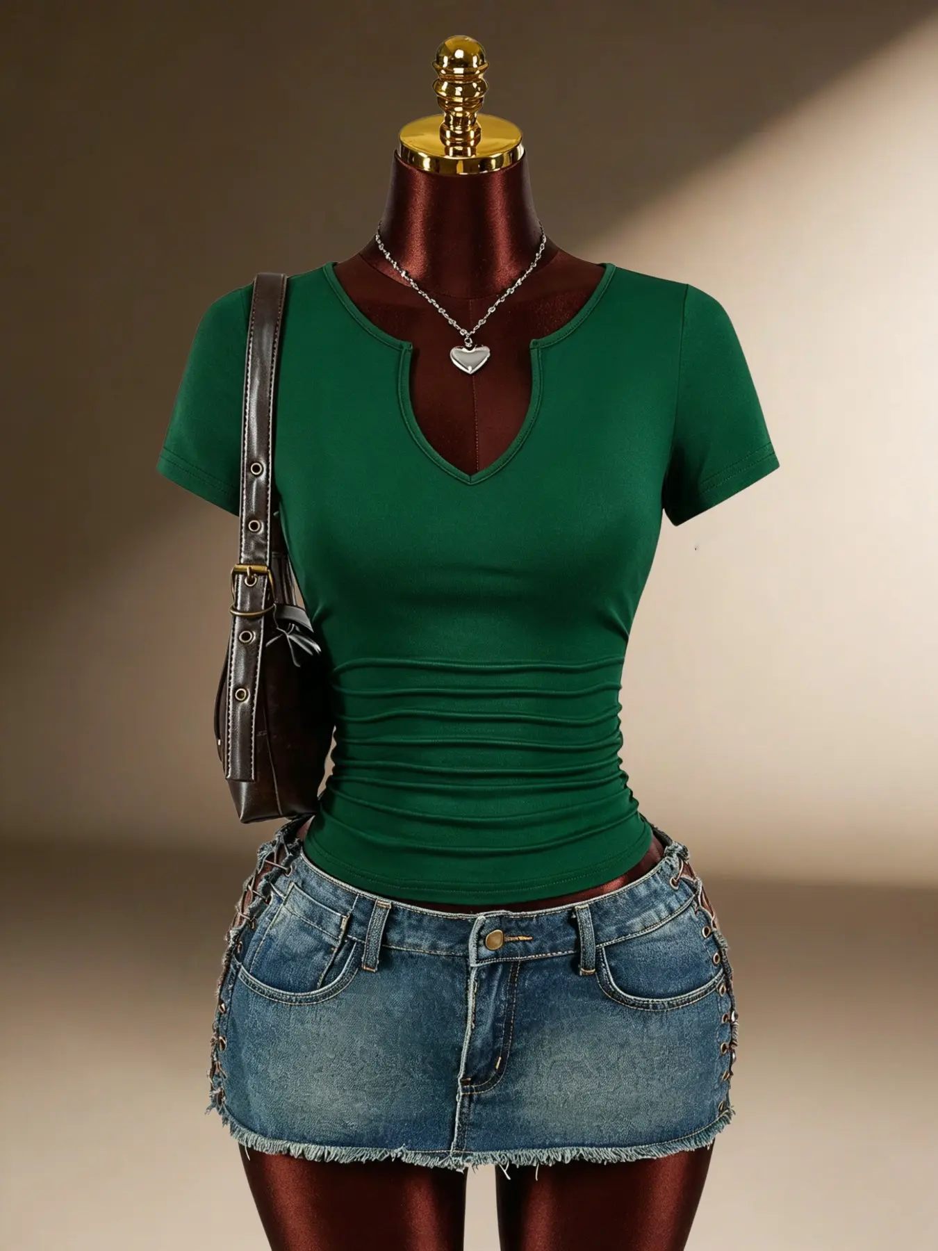 Women's V-Neck Pleated T-Shirt, Solid Color Short Sleeve Slim Fit Top, Casual Fashion Top, Casual Basic Tee, Casual Trendy Tee, Summer Street Style, Comfortable and Stylish
