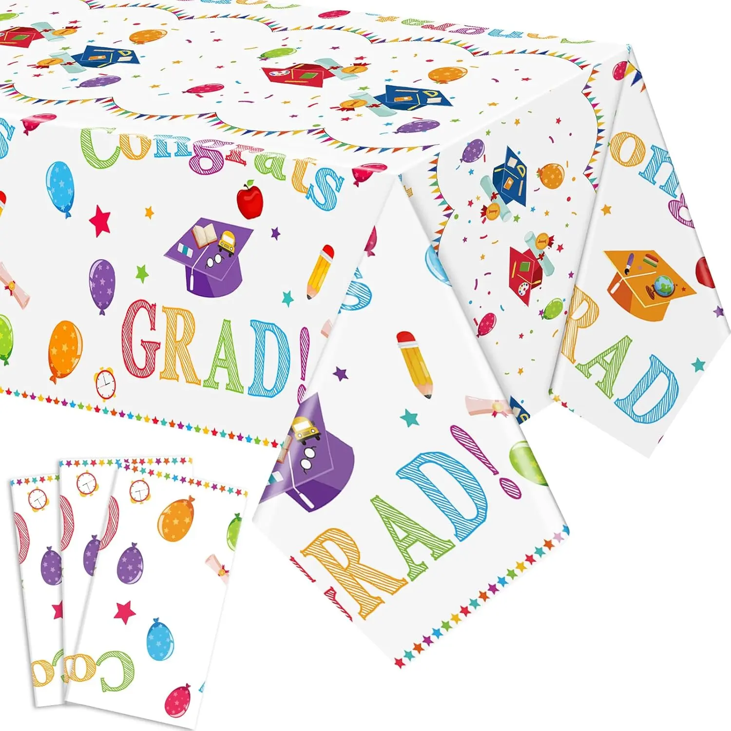 VitalCozy 3 Pcs Graduation Tablecloths 2026 Preschool Graduation Plastic Table Cover 54 x 108 Inch Congrats Grad Disposable Tablecloths Kindergarten Graduates Party Decor Supplies(White)