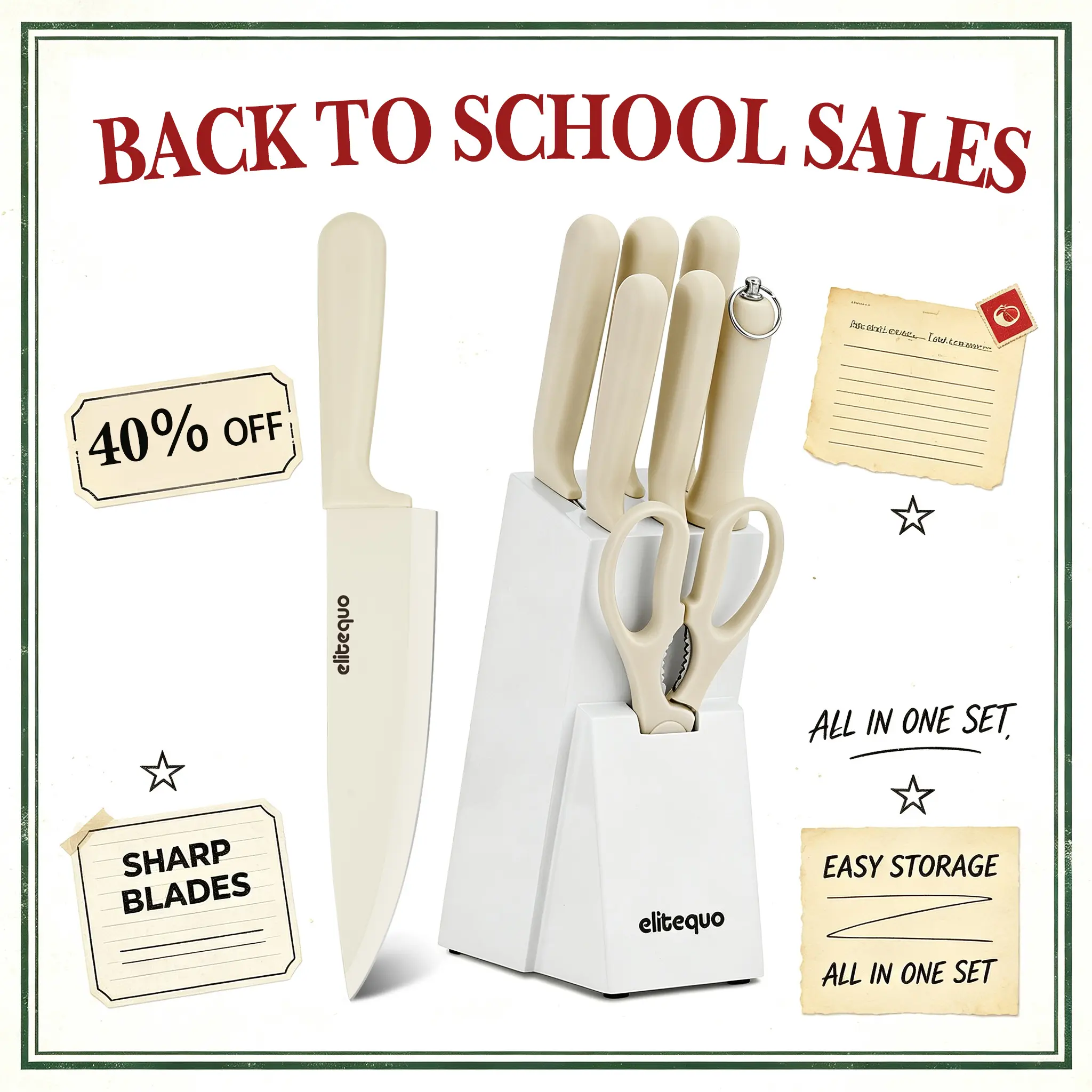ELITEQUO 8 Piece Kitchen Knife Block Set with Sharpener,Dishwasher Safe,German Stainless Steel with Ergonomic Handle Anti-slip Handle