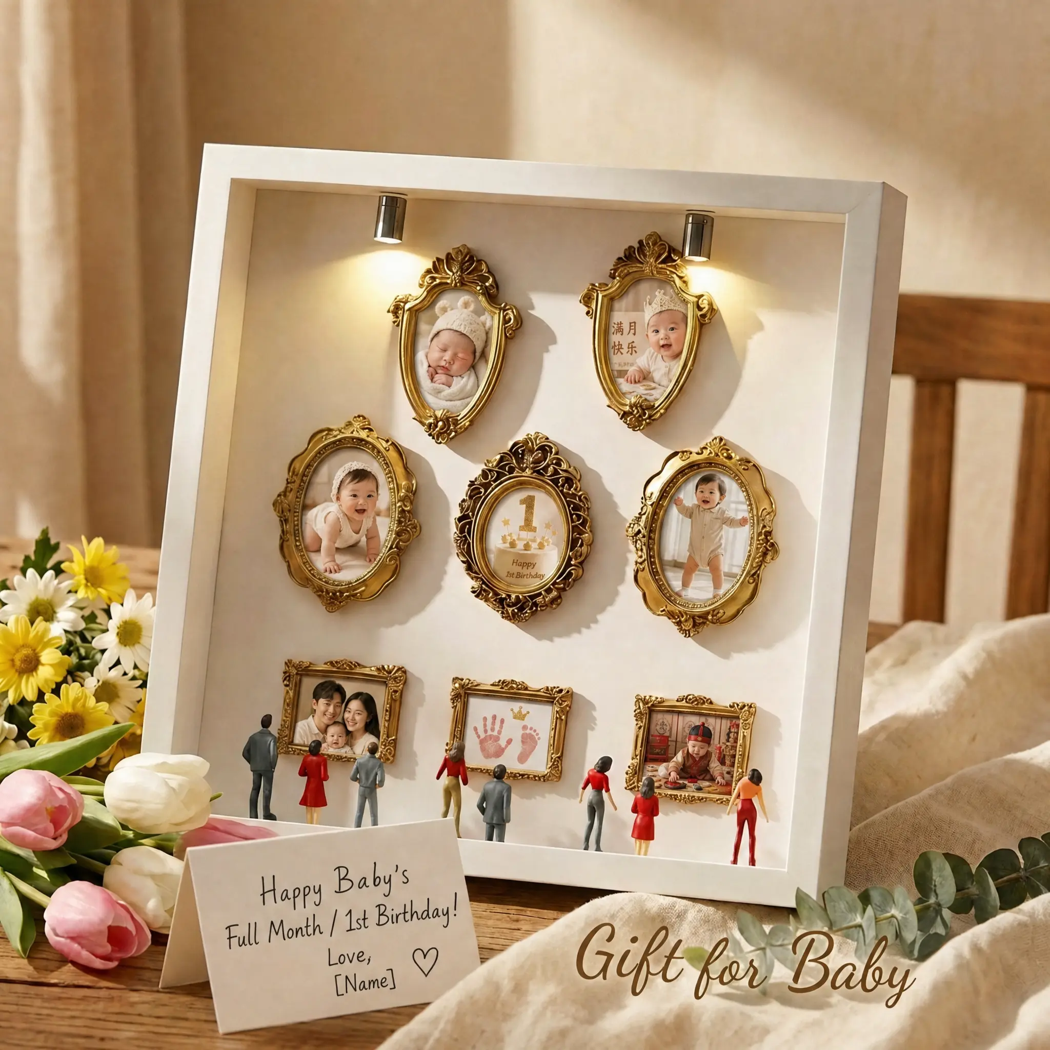DIY Personalized Mini Museum Light-Up Wooden Photo Shadow Box Kit - High Quality Baroque Gold Frame, Spotlights, Mini Figures, Family Memory Display Home Decor Keepsake Gift for Father's Day, Graduation, Memories