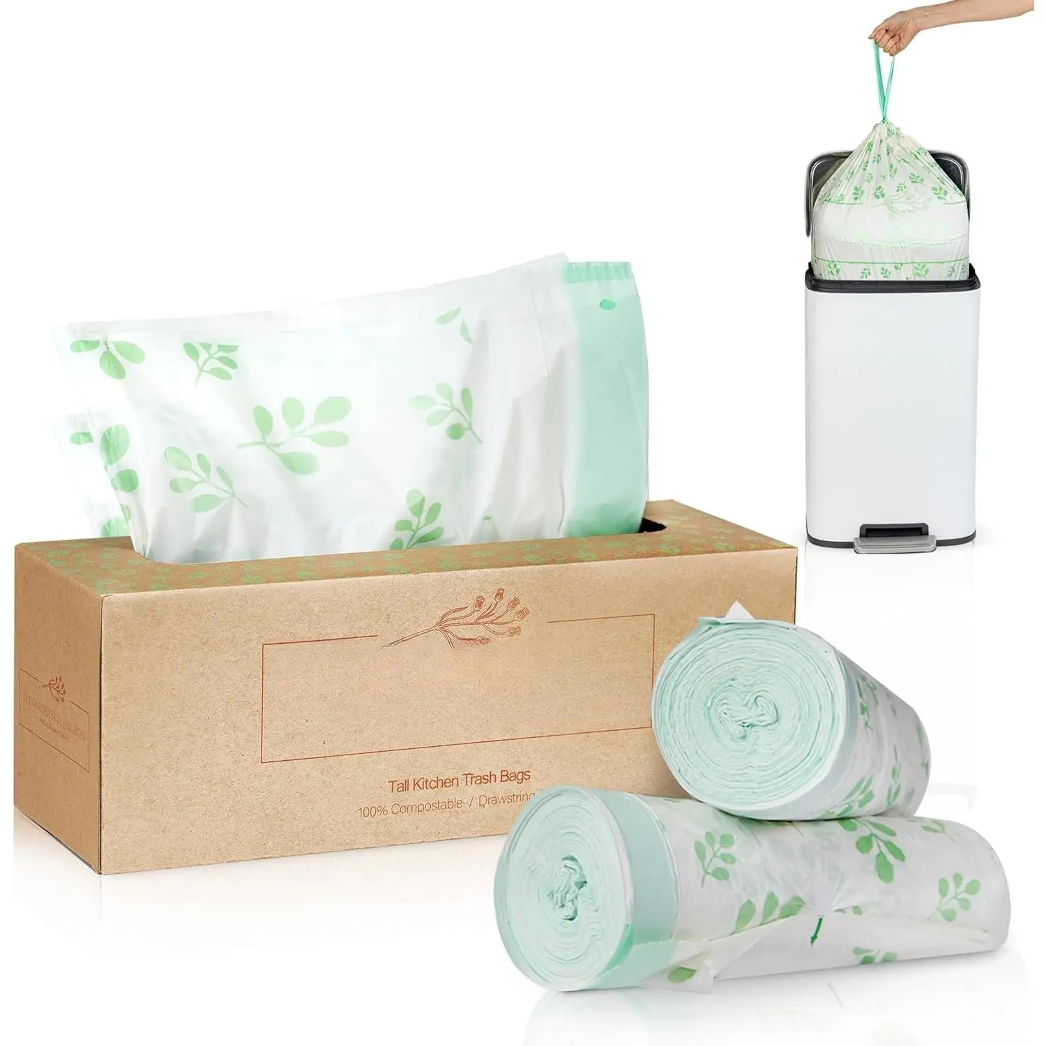 13 Gallon Compostable Trash Bags - Extra , Drawstring Kitchen Bags (30 Count, White) | Leak-Proof, BPI & TUV Certified,  Compostable - Evergreen by