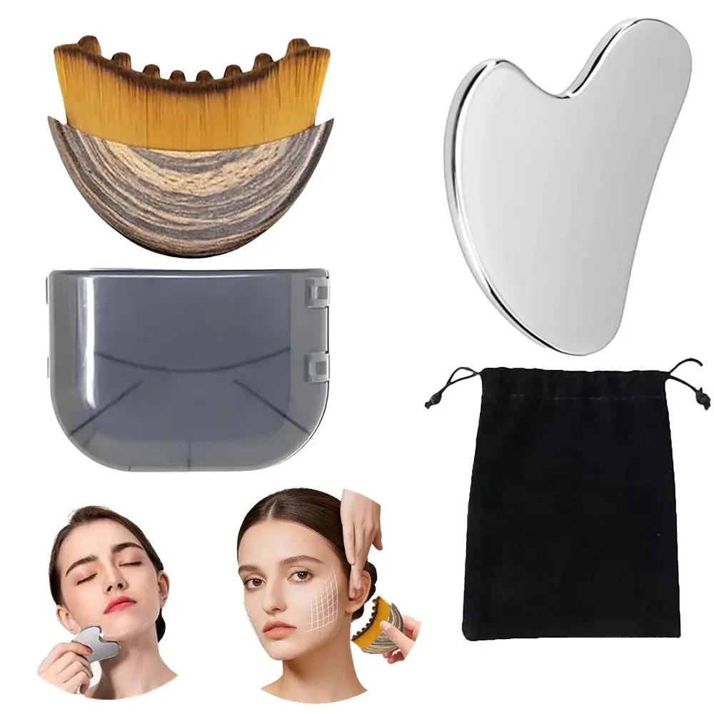 Facial Massage Set with Soft Skin Meridian Brush, Facial Body Scraper and Stainless Steel Gua Sha Board, Ideal for Gentle Massage, Body Care, Professional Gua Sha Therapy and Facial Beauty Massagers