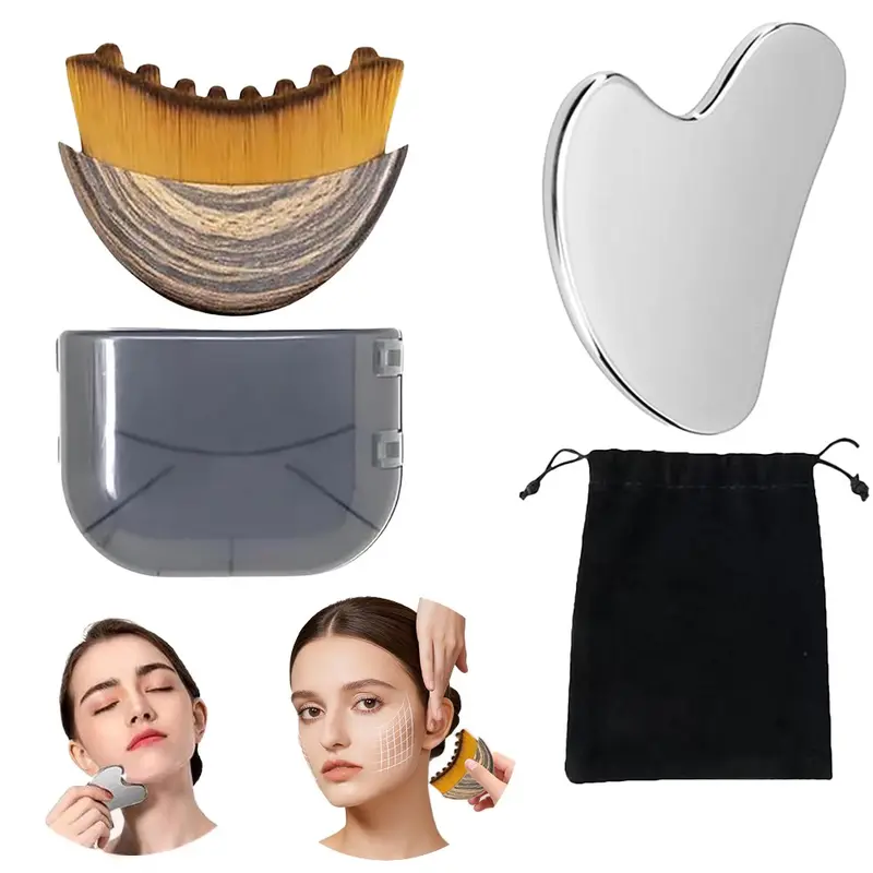 Facial Massage Set with Soft Skin Meridian Brush, Facial Body Scraper and Stainless Steel Gua Sha Board, Ideal for Gentle Massage, Body Care, Professional Gua Sha Therapy and Facial Beauty Massagers
