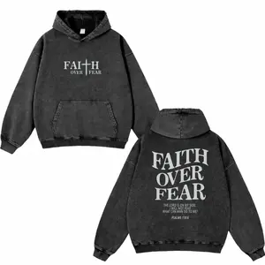 Two-sided Faith Over Fear Washed Hoodie, Christian Apparel, Oversized Menswear And Women Menswear Tops, Gym Pump Cover, Hip Hop Y2K Graphic Apparel, Gift for Fans