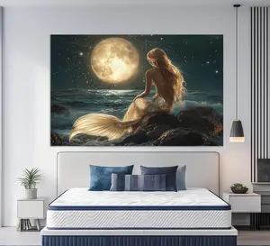 Beautiful Mermaid with Golden Hair by the Sea Canvas Print, Full Moon over Sea Landscape, Mermaid Canvas Print, Mermaid Painting Print |Frameless Poster