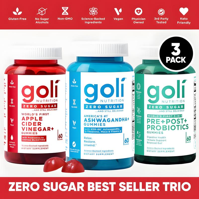 Goli Nutrition Zero Sugar Best Seller Trio - World's First 3-in-1 Pre Post Probiotic Apple Cider Vinegar with Vitamin B12 & Ashwagandha Gummies - Gluten-Free Vegan Non-GMO & Gelatin-Free - 60 Count - Healthcare