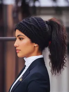 Women's Multifunctional Ear-Protecting Half Hat, Crochet Knit Warm Knotted Headband, Solid Color Ponytail Beanie for Winter Outdoor Sports