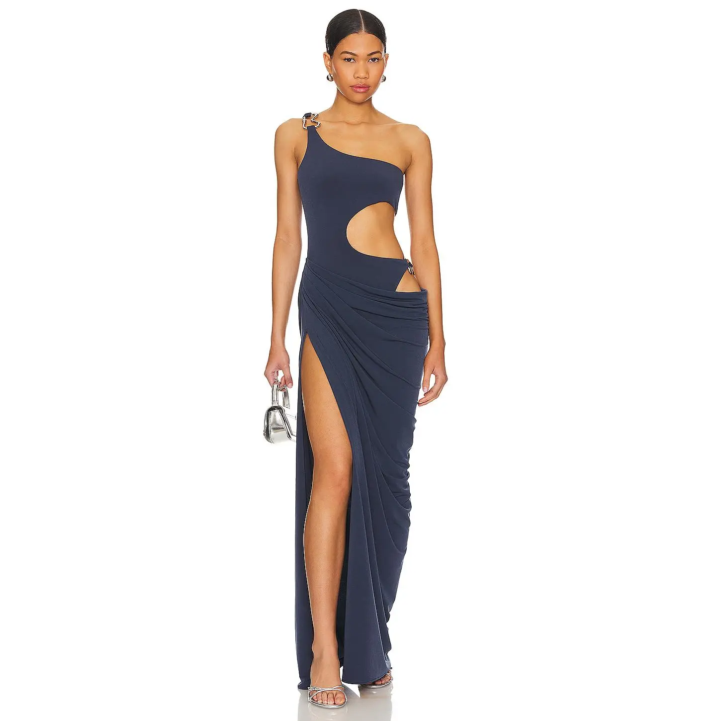 slate grey formal dress Blue Embellished Lace Evening Gown with Illusion Neckline main image 0