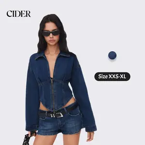 Cider Contrast Denim Collar Solid Corset Zipper Jacket – Women's Sexy Y2K Streetwear Night Out Top, Sleeveless Slim Fit Cropped Jean Vest for Spring/Summer