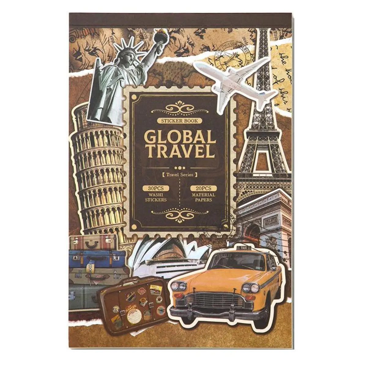 Retro European Style DIY Notebook Decoration Kit (50 Pieces) - 30 Washi Stickers, 20 Sheets Vintage Material Paper, Notebook Base Book for Office Stationery Labeling