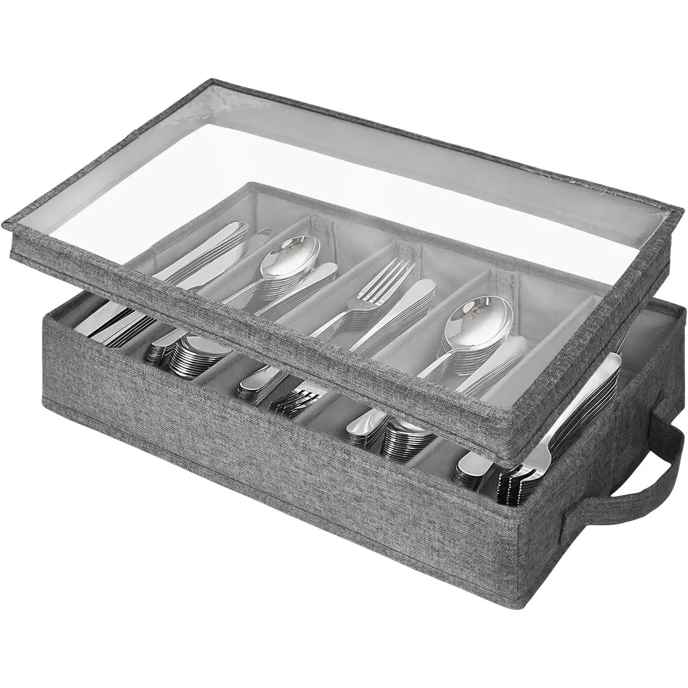 Flatware Utensil Storage Case, Silverware Storage Box with 4 Adjustable Dividers and Removable Lid, Cutlery Case Utensil with 5 Compartment Storage for Spoon Fork  Tableware (Gray)
