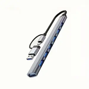 Portable Slim 7 Ports in 1 USB 3.0 Hub with USB & Type C Adapter, Support Fast Data Multiple USB Ports Hub Splitter, USB 2.0 & USB 3.0 Ports Hub for Computer, Tablet, Laptop, Smartphone