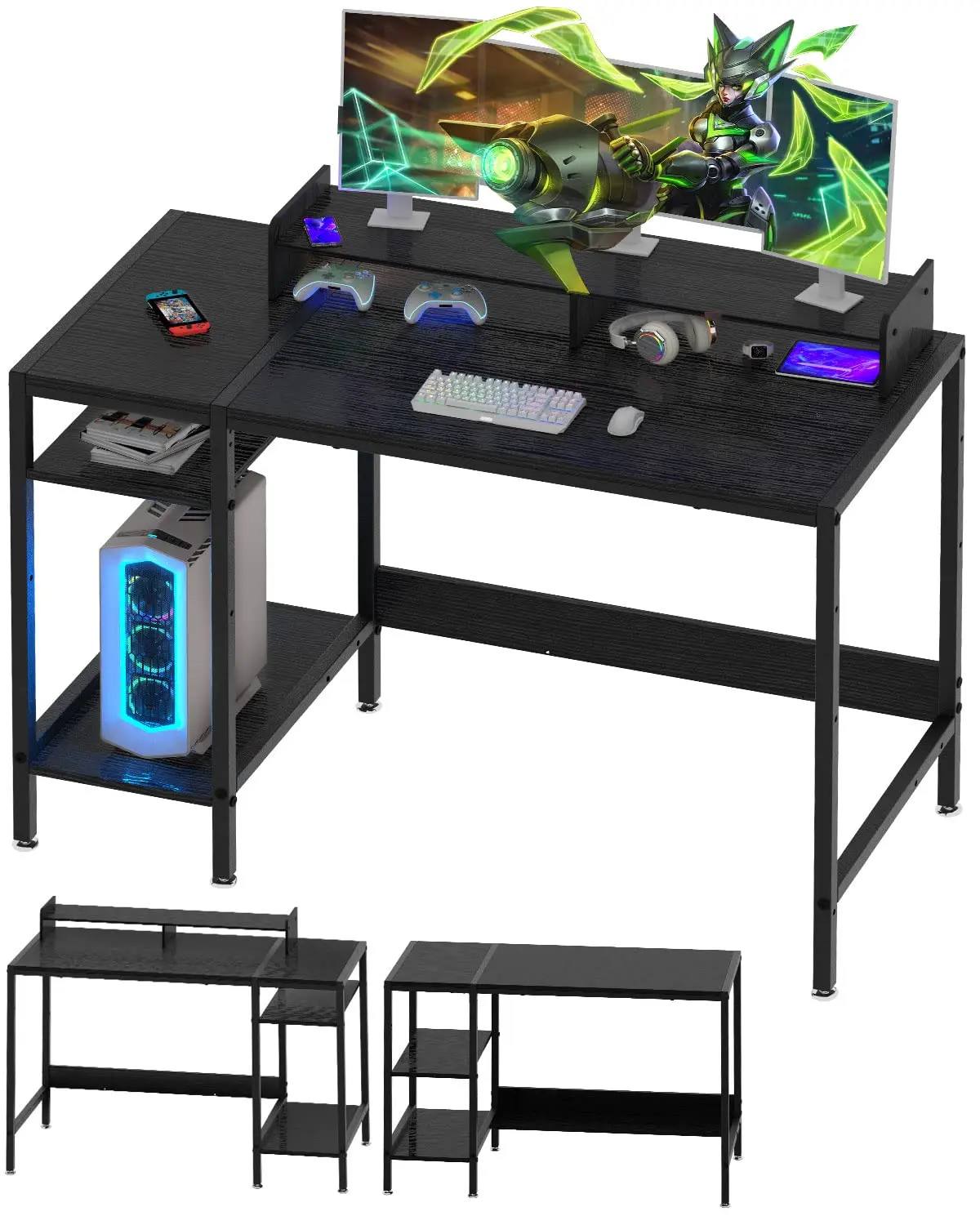 Computer Desk - 38” Gaming Desk, Home Office Desk with Storage, Small Desk with Monitor Stand, Writing Desk for 2 Monitors, Adjustable Storage Space, Modern Design Corner Table, Black.