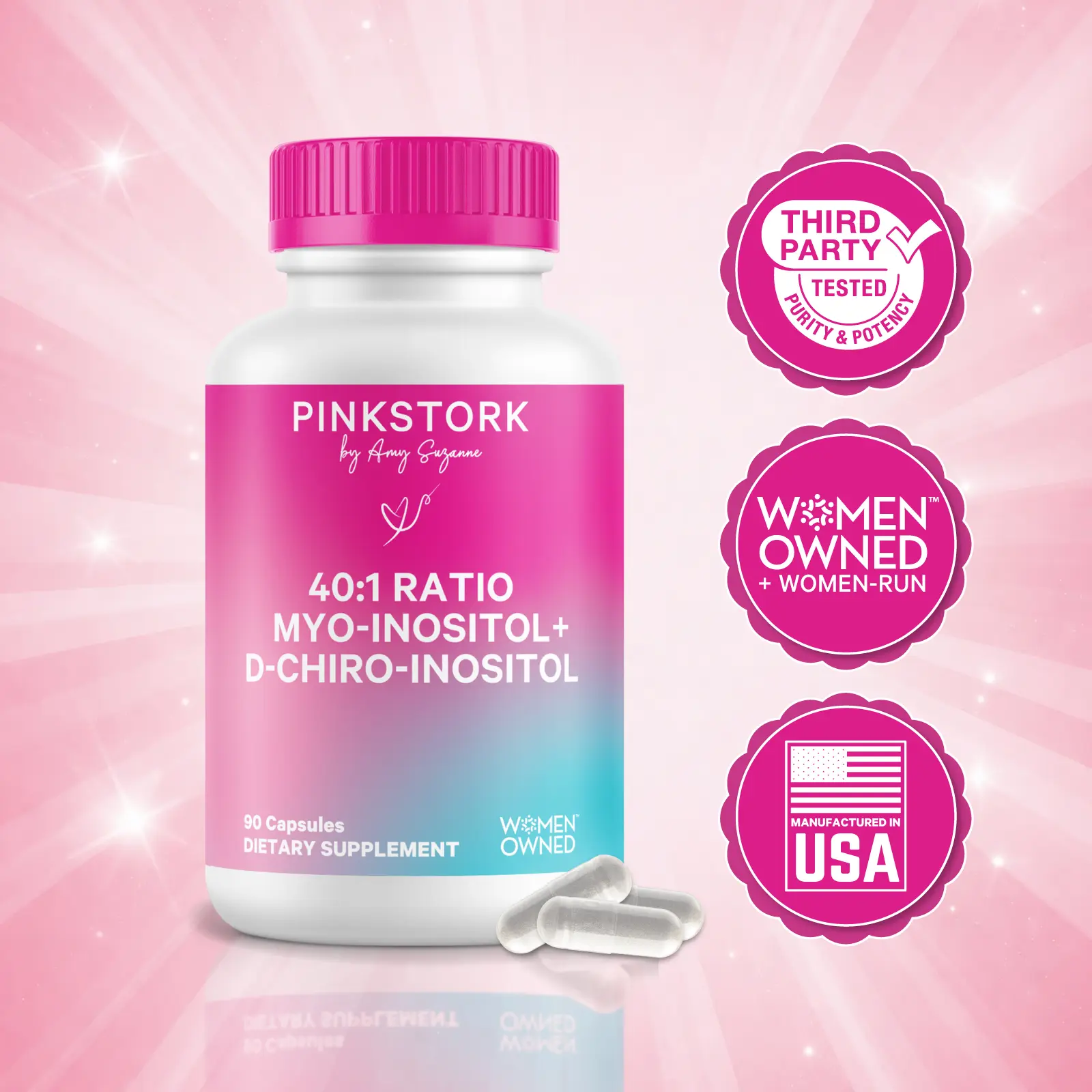 Pink Stork 40:1 Myo-Inositol + D-Chiro Inositol | 1 Month Supply | Inositol for Women | Women-Owned, Vegan, Gluten-Free | Natural Support